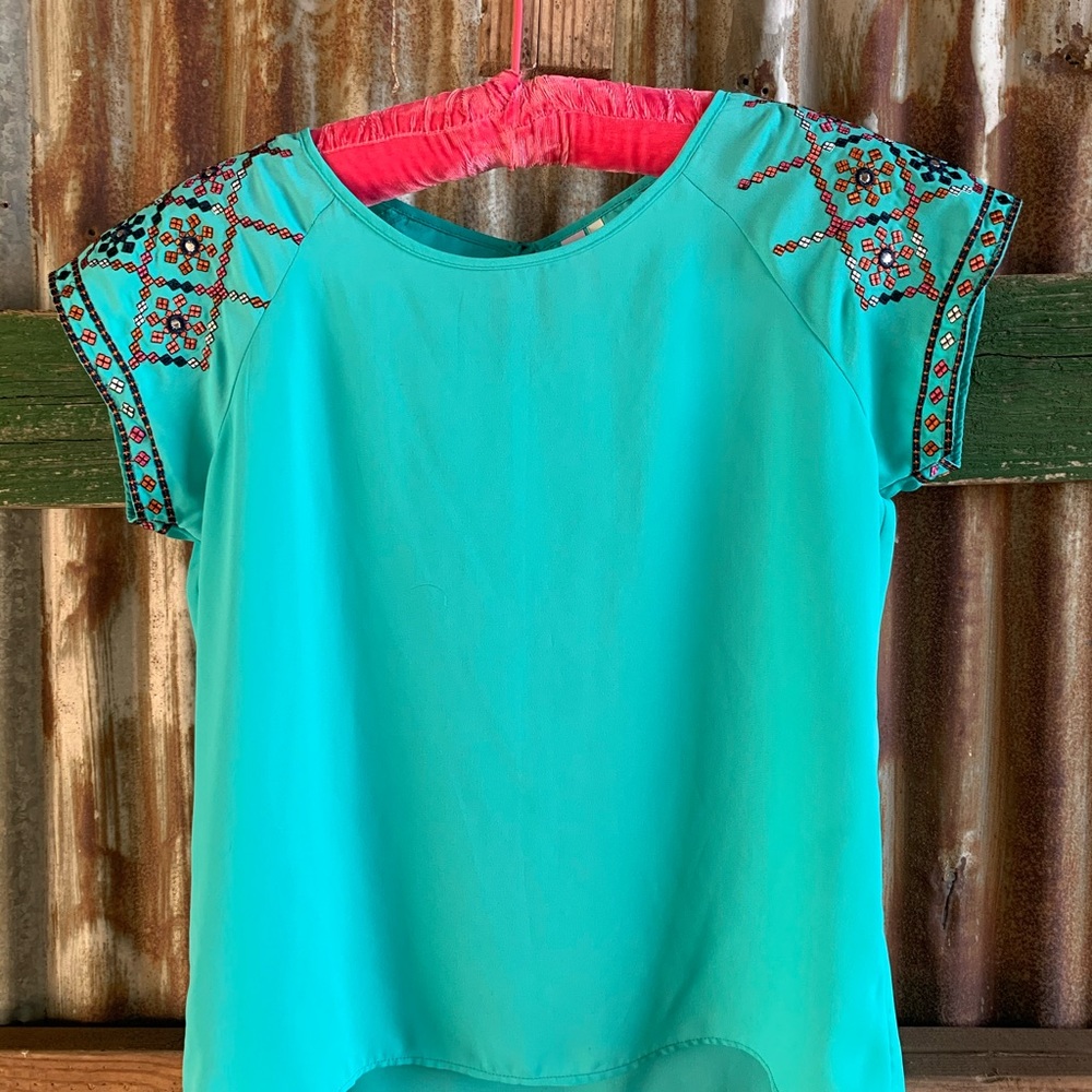 teal embroidered short sleeve blouse